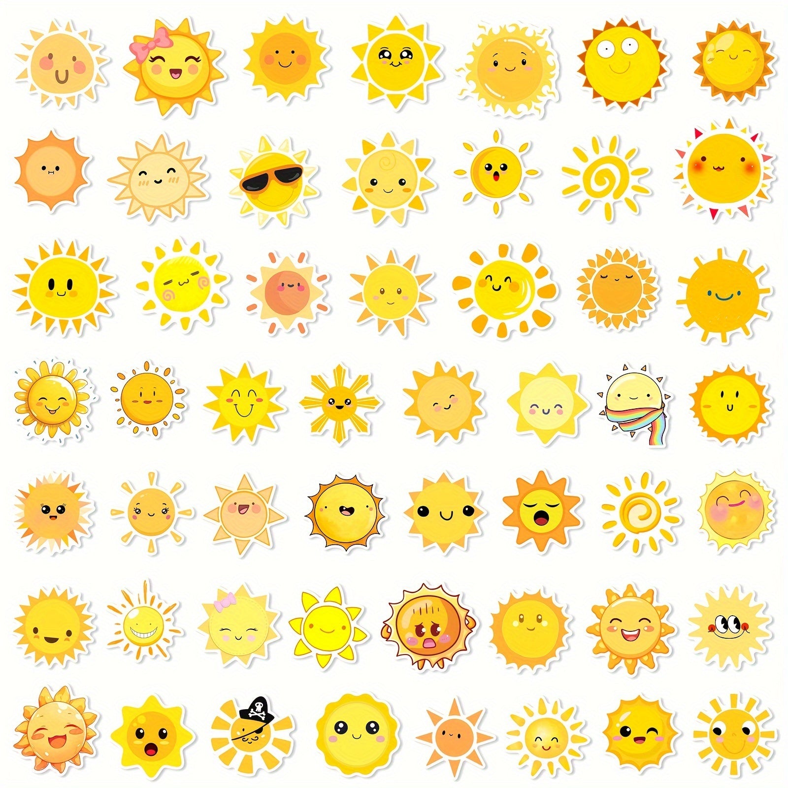 50pc Cartoon Sun Vinyl Stickers - Reusable Decals for Laptops, Water Bottles
