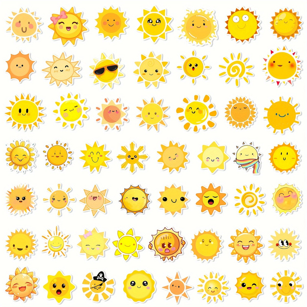 50pc Cartoon Sun Vinyl Stickers - Reusable Decals for Laptops, Water Bottles