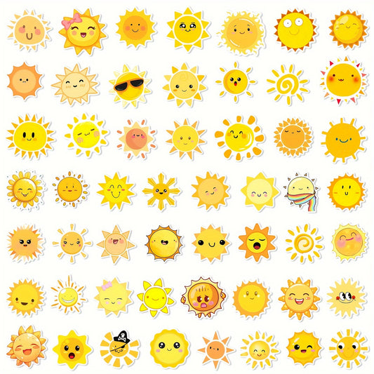 50pc Cartoon Sun Vinyl Stickers - Reusable Decals for Laptops, Water Bottles