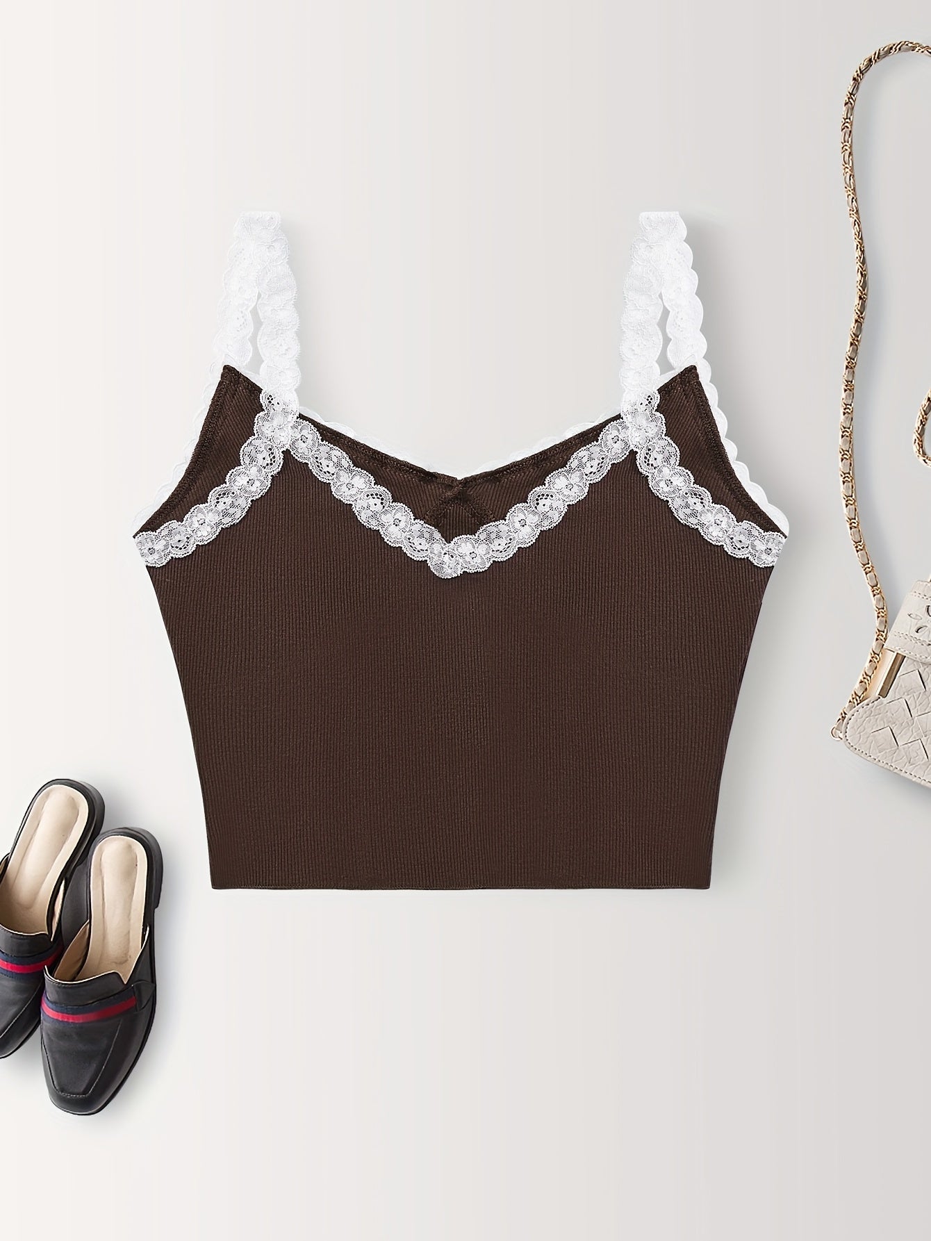 Lace Ribbed Spaghetti Strap Top V neck Cami