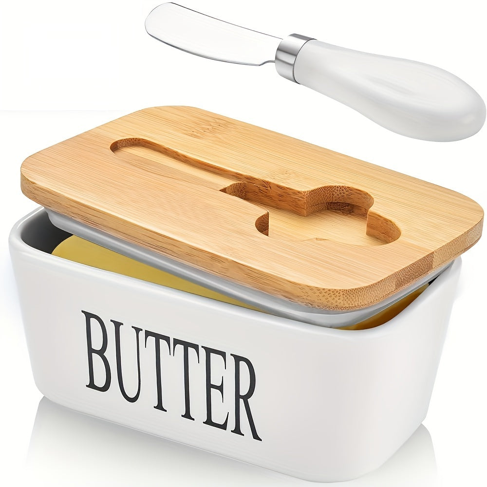 Ceramic Butter Dish with Bamboo Lid and Butter Keeper Container