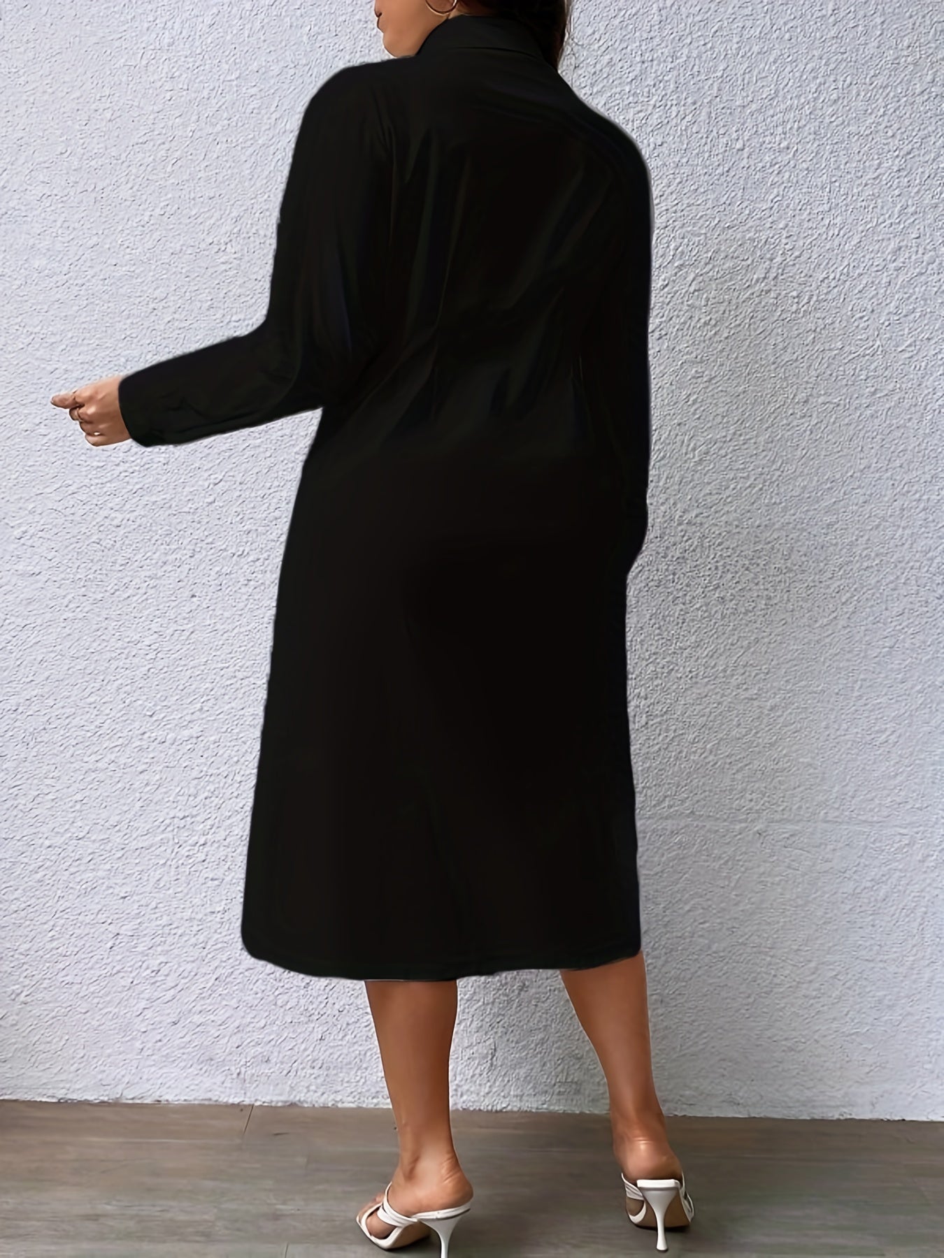  Solid Button Up Long Sleeve Polo Neck Midi Shirt Dress