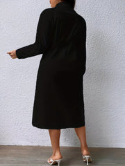  Solid Button Up Long Sleeve Polo Neck Midi Shirt Dress