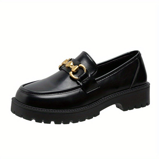British Style Metal Decor Loafers Slip On Chunky Heel Shoes
