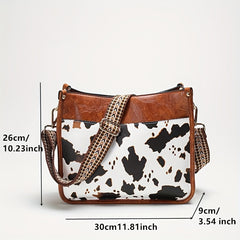 Cow Pattern Shoulder Bag Faux Leather Crossbody Bag with Vintage Strap