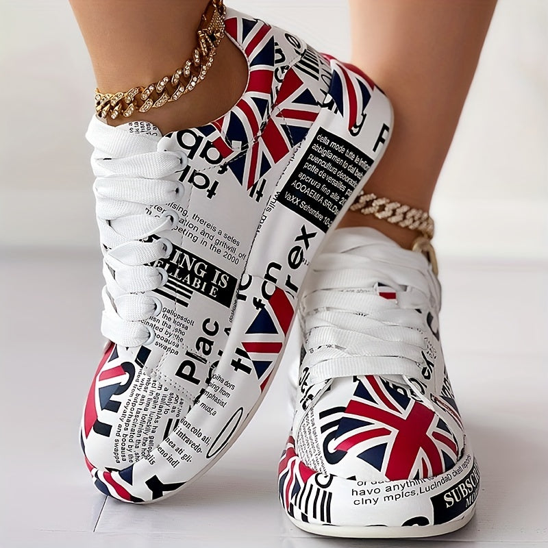 Women's Letter & Flag Print Sneakers Low Lace Up Flatform Shoes