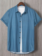 Vertical Stripe Print Men's Casual Short Sleeve Shirt