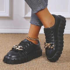 Women's Metallic Chain Decor Platform Sneakers Casual Lace Up Outdoor Shoes