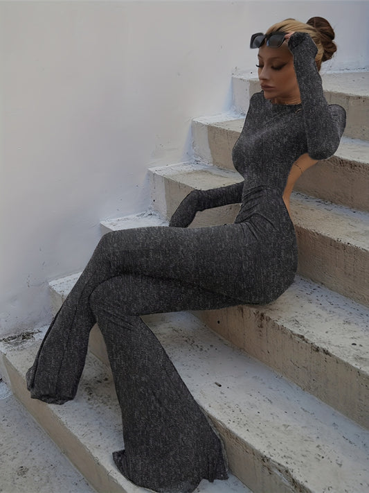 Backless Flared Leg Jumpsuit Sexy Long Sleeve Crew Neck Jumpsuit