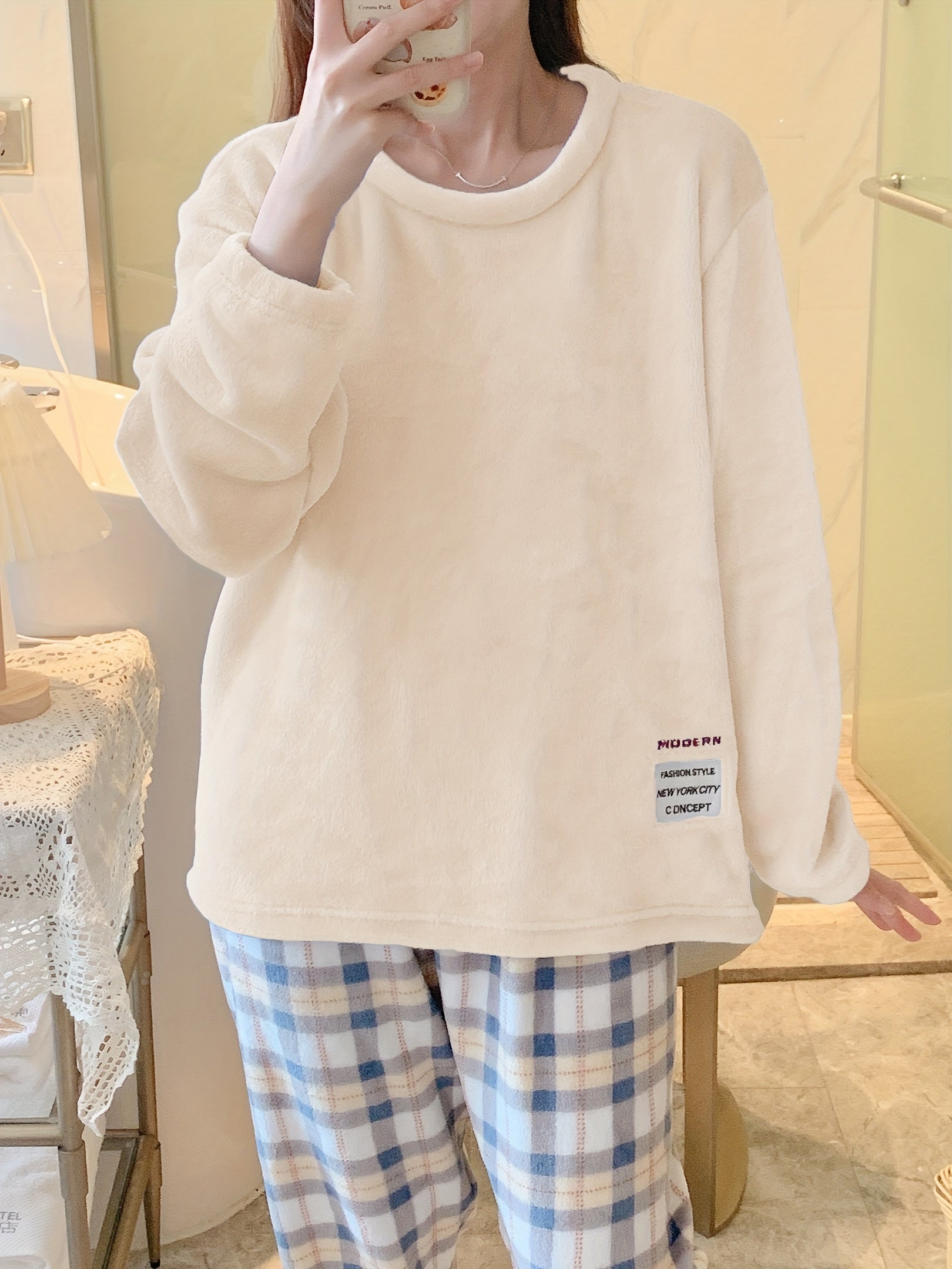 Plaid Print Fuzzy Pajama Set Long Sleeve Crew Neck Top & Elastic Waistband Pants