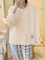 Plaid Print Fuzzy Pajama Set Long Sleeve Crew Neck Top & Elastic Waistband Pants