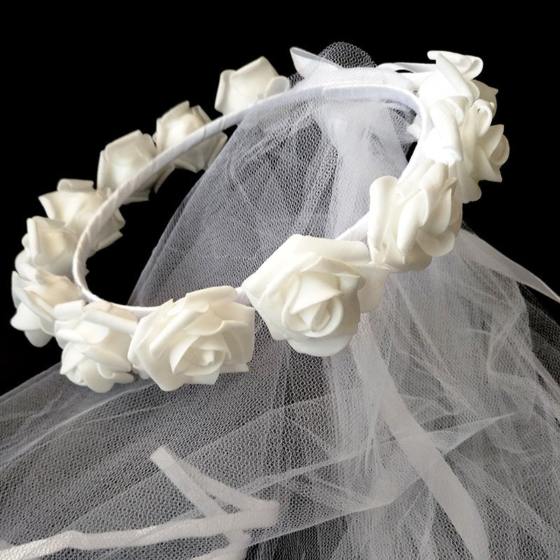 Floral Head Veil for Brides Single Rose Wreath Wedding & Bachelorette Party