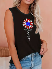  Sunflower Print Tank Top Round Neck Stretch Top
