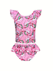 Girls Unicorn Bikini Tankini Swimsuit Ruffle Trim Top & Shorts Set