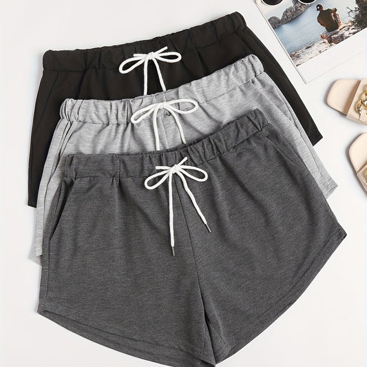 3 Pack Plus Size Basic Shorts Set Solid Plain Elastic Drawstring Shorts