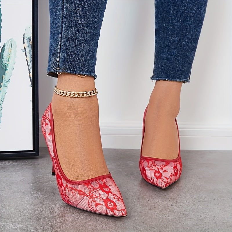 Floral Lace High Heels Pointed Toe Stiletto Slip On Pumps