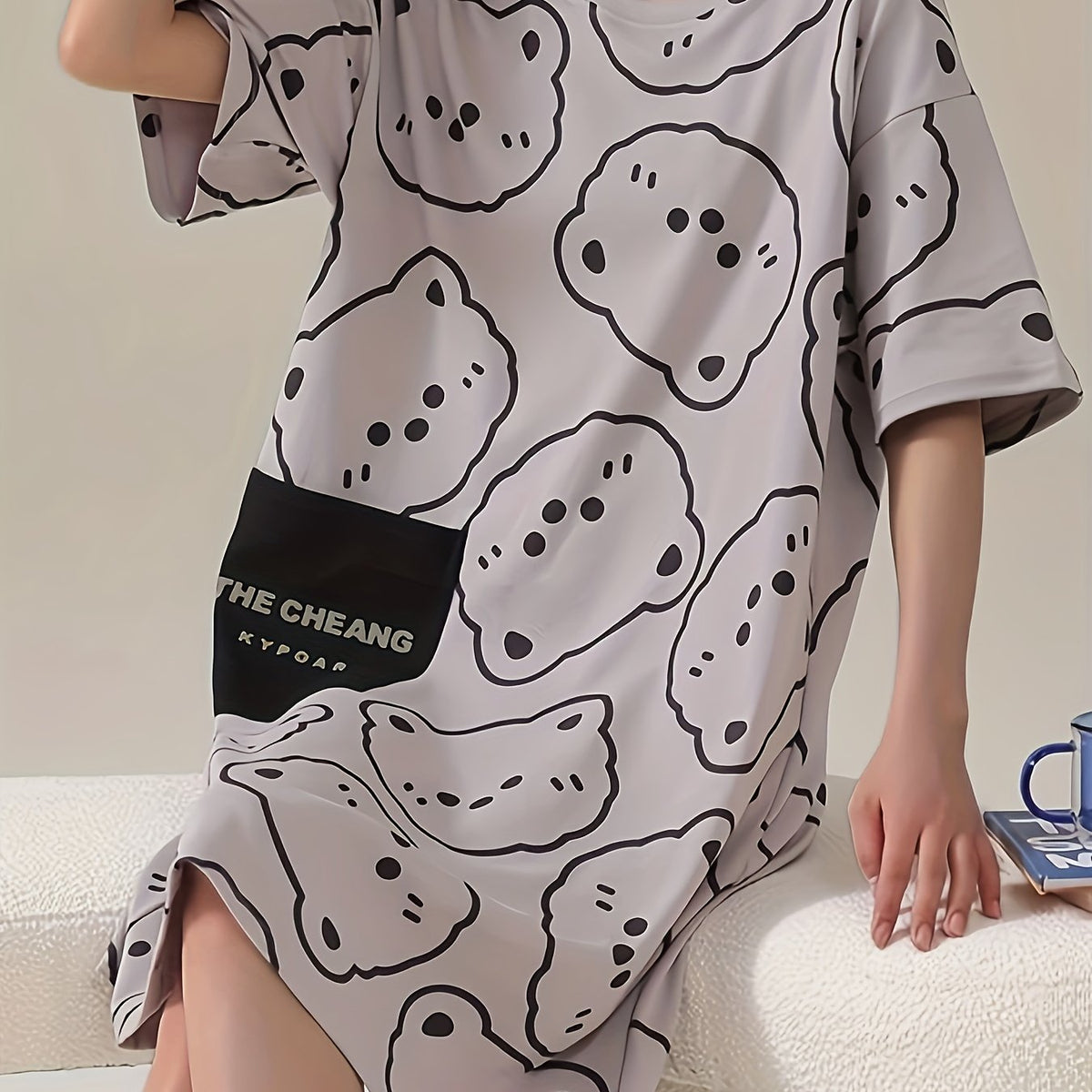 Bear Print NightDress Short Sleeve Pajama Dress