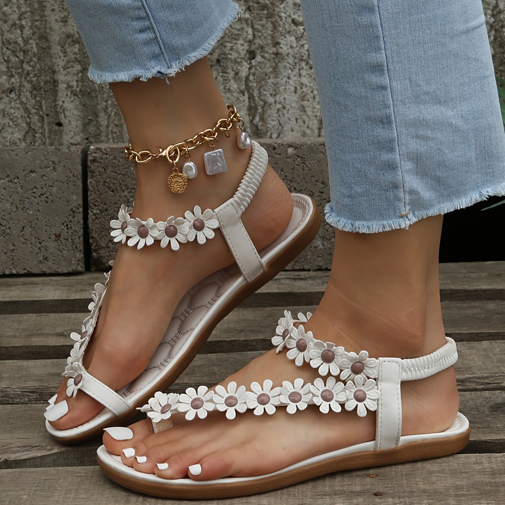 Boho Flower Decor Flat Sandals Elastic Strap Slip On Anti-skid Shoes