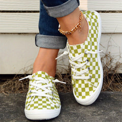 Women's Green Grid Lace Up Shoes Comfy & Lightweight Canvas Shoes