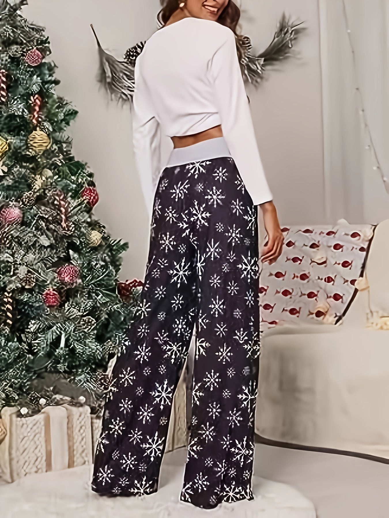  Snowflake Print Drawstring Wide Leg Trousers