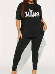 Women's Plus Art Letter & Rabbit Print 2 Piece Set