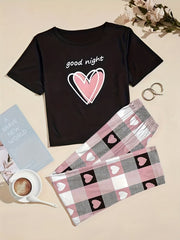 Heart & Letter Print Pajama Set Short Sleeve Tops & Plaid Print Elastic