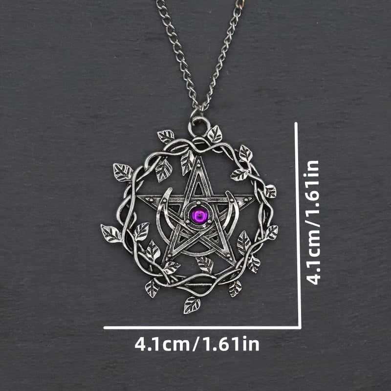 Vintage Pentagram Leaf Purple Gemstone Pendant Necklace