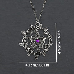 Vintage Pentagram Leaf Purple Gemstone Pendant Necklace