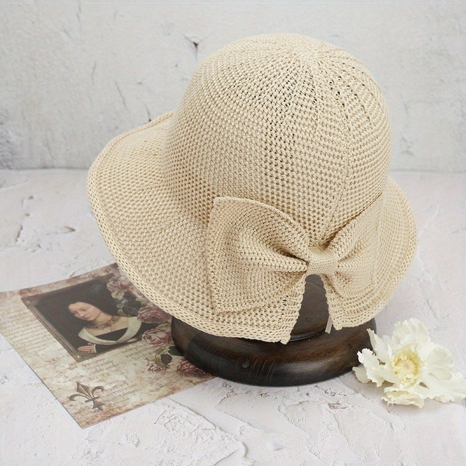 Girls Bow Decor Straw Hat Sun Protection for Beach Party