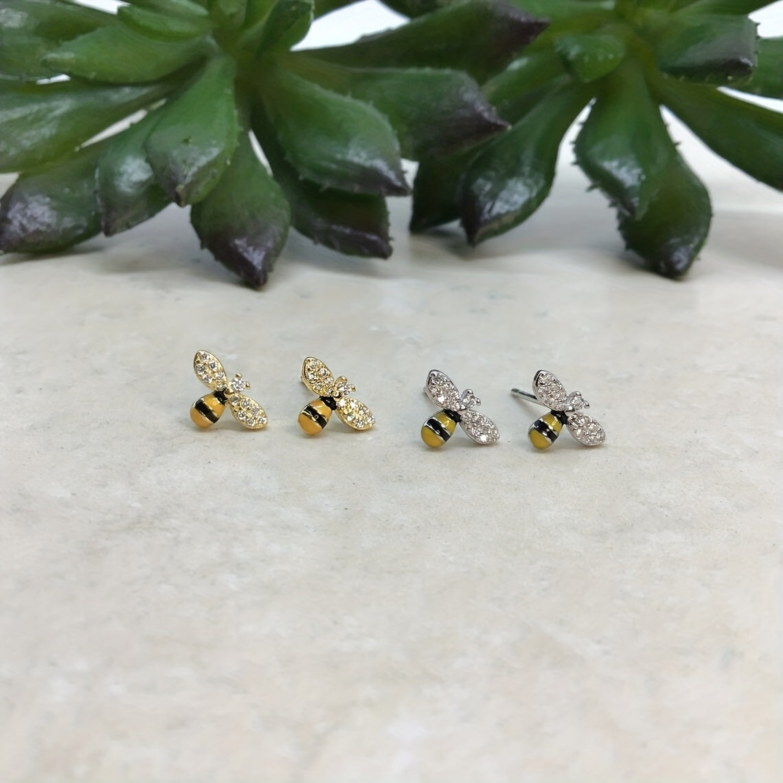 Zircon Bee Stud Earrings Silver Plated Minimalist Style Jewelry