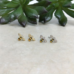 Zircon Bee Stud Earrings Silver Plated Minimalist Style Jewelry