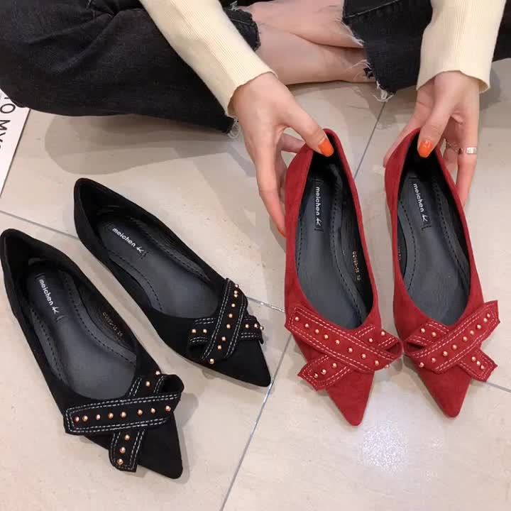 Golden Beads & Bowknot Decor Flat Shoes - Soft Sole Lightweight Walking Shoes