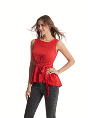 Texture Sleeveless Crew Neck Solid Blouse