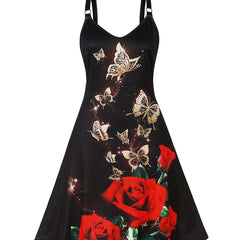  Floral & Butterfly Print V Neck Cami Dress