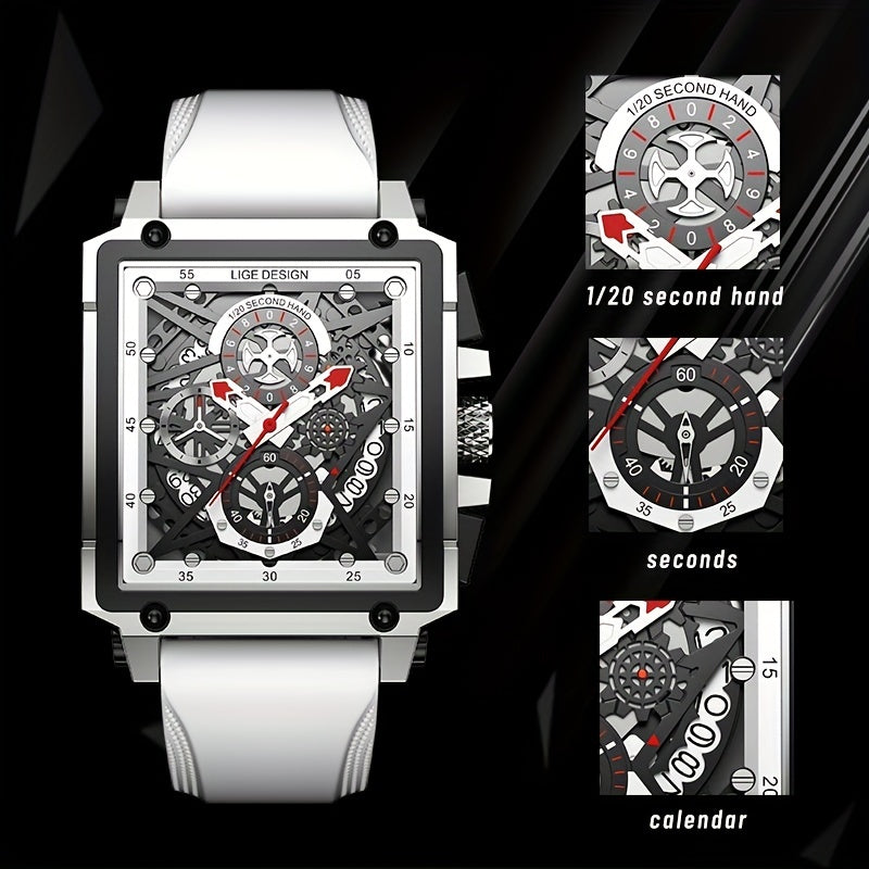 LIGE Boy's Top Hollow Square Sport Watch Leather Strap Waterproof Quartz WristWa