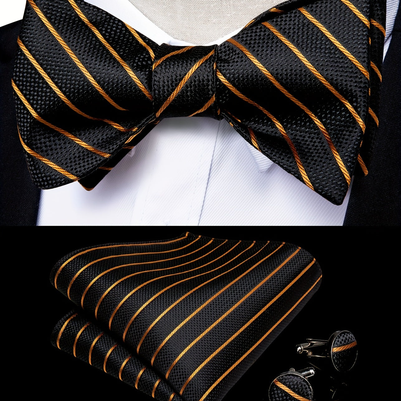Men's Golden Paisley Silk Bow Tie Hankerchief Cufflink Wedding Set