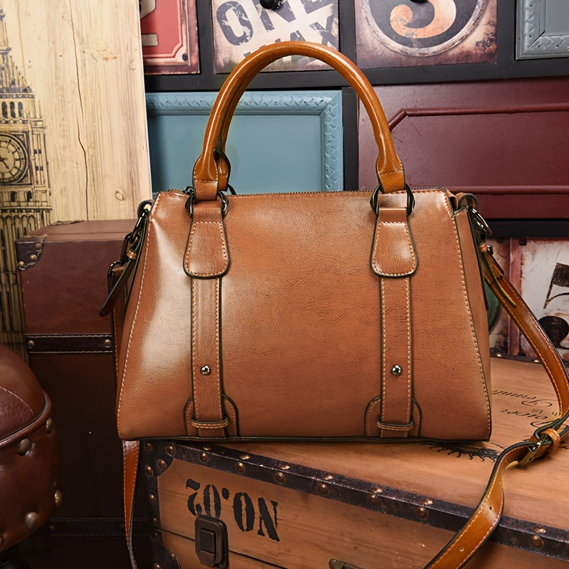 Retro Style Vegan Leather Tote Bag Crossbody Satchel Purse