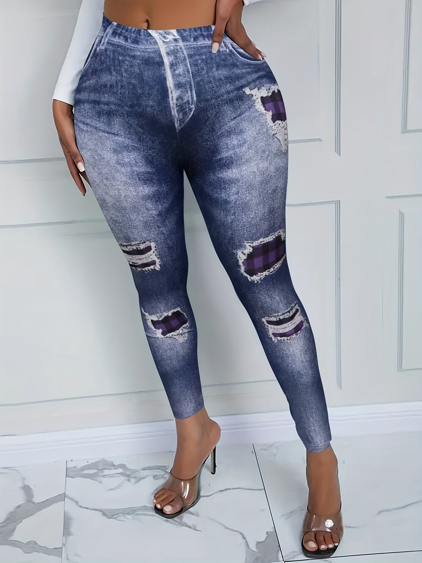Denim Print Skinny Leggings Long Casual Pants