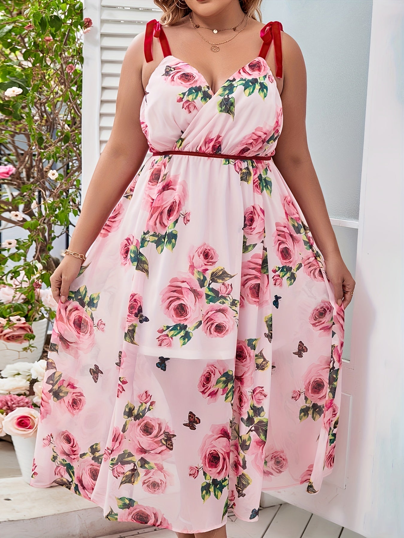  Rose Print Knot Strap Maxi Dress Women's Plus Romantic Long Dress