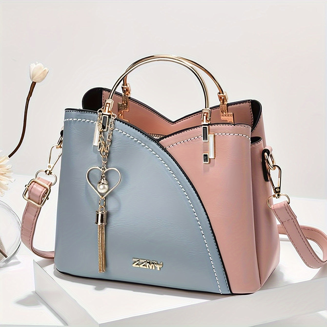 Tassel Accented Colorblock Handbag for Women Crossbody Bag with Zip Closure