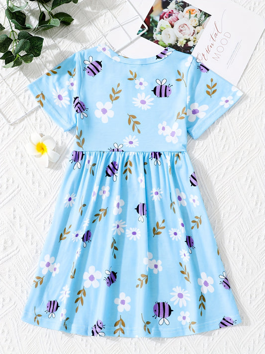 Girls' Bee And Floral Graphic Short Sleeve Skater Dress