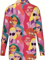 Cartoon Print Button Up Long Sleeve Blouse