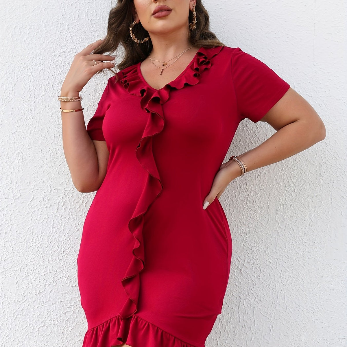  Solid Ruffle Trim V Neck Bodycon Midi Dress