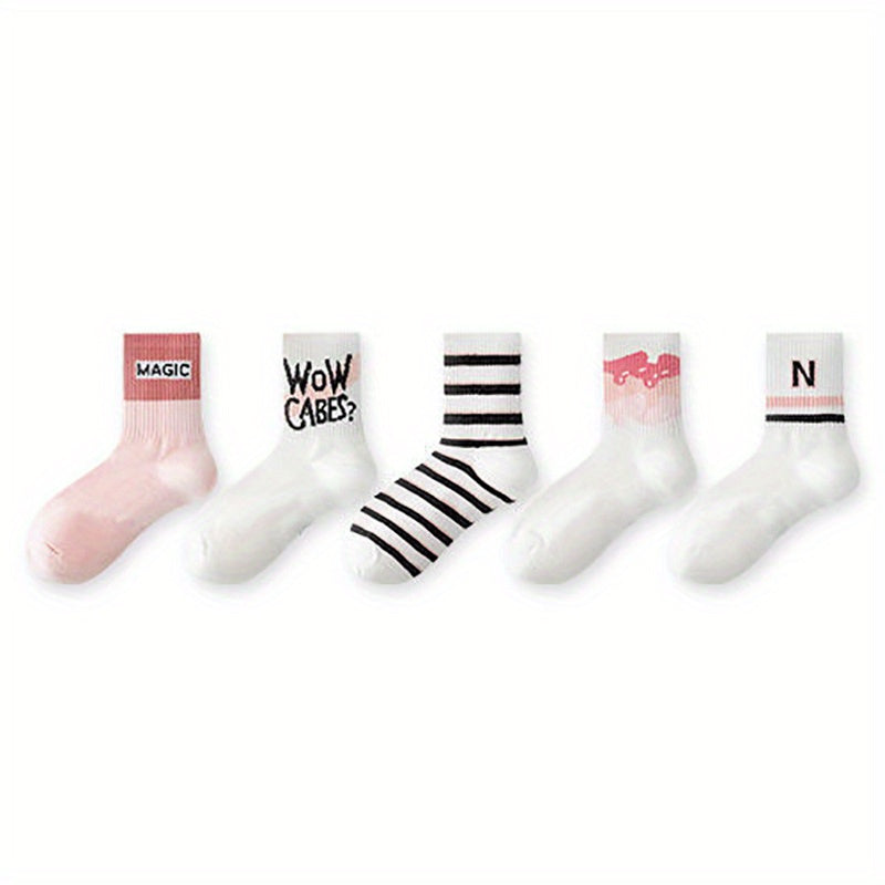 5 Pairs Letter Print Socks Comfy & Breathable Women's Stockings & Hosiery