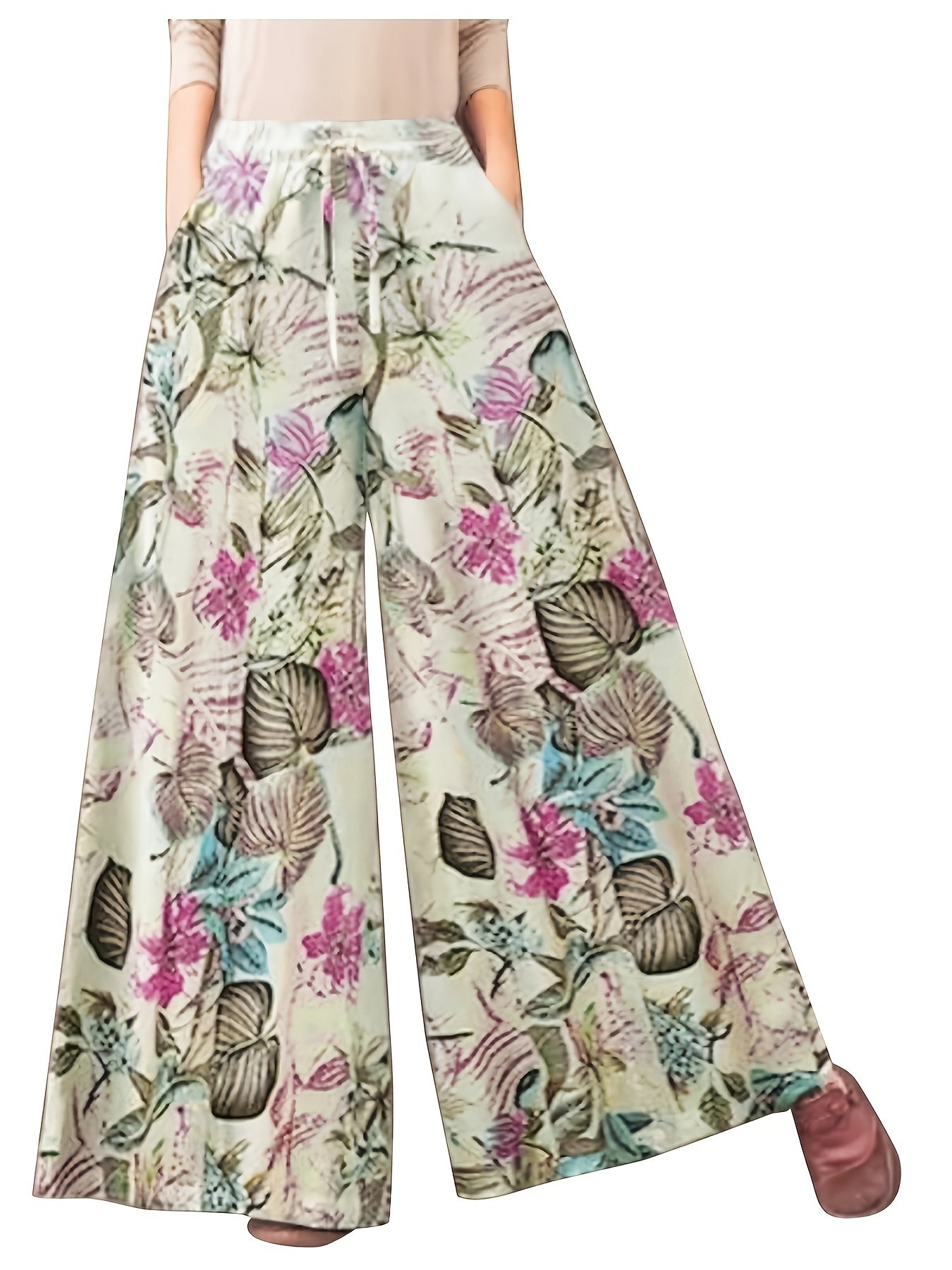  Floral Print Wide Leg Drawstring Pants With Pockets