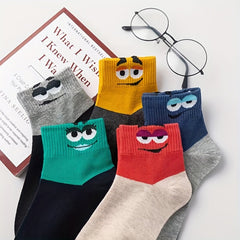 5 Pairs Cartoon Eyes Print Crew Socks Women's Stockings