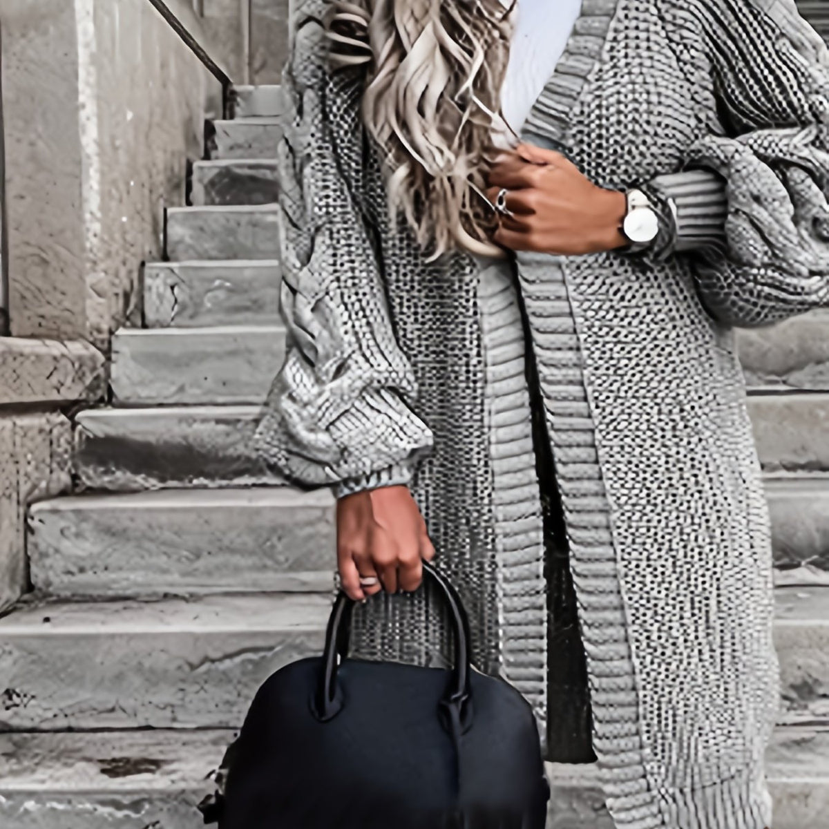  Cable Lantern Sleeve Open Front Cardigan