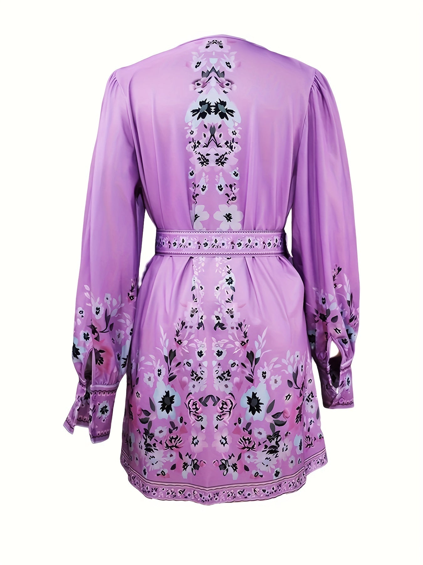  Boho Dress Women's Plus Border Floral Print Long Sleeve V Neck Dress
