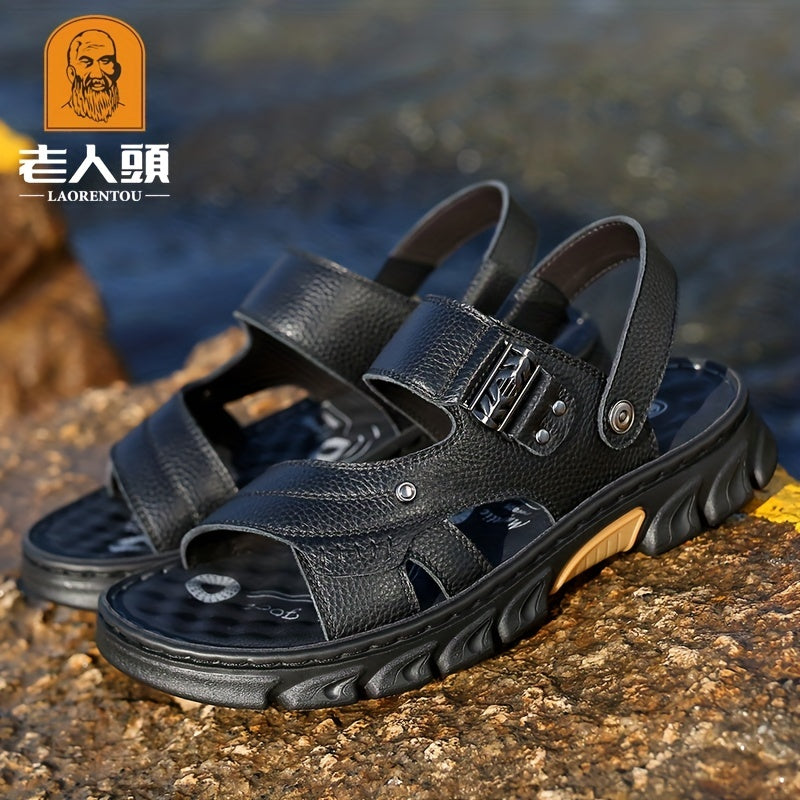 LAORENTOU Men's Leather Non Slip Sandals Comfy Beach Shoes