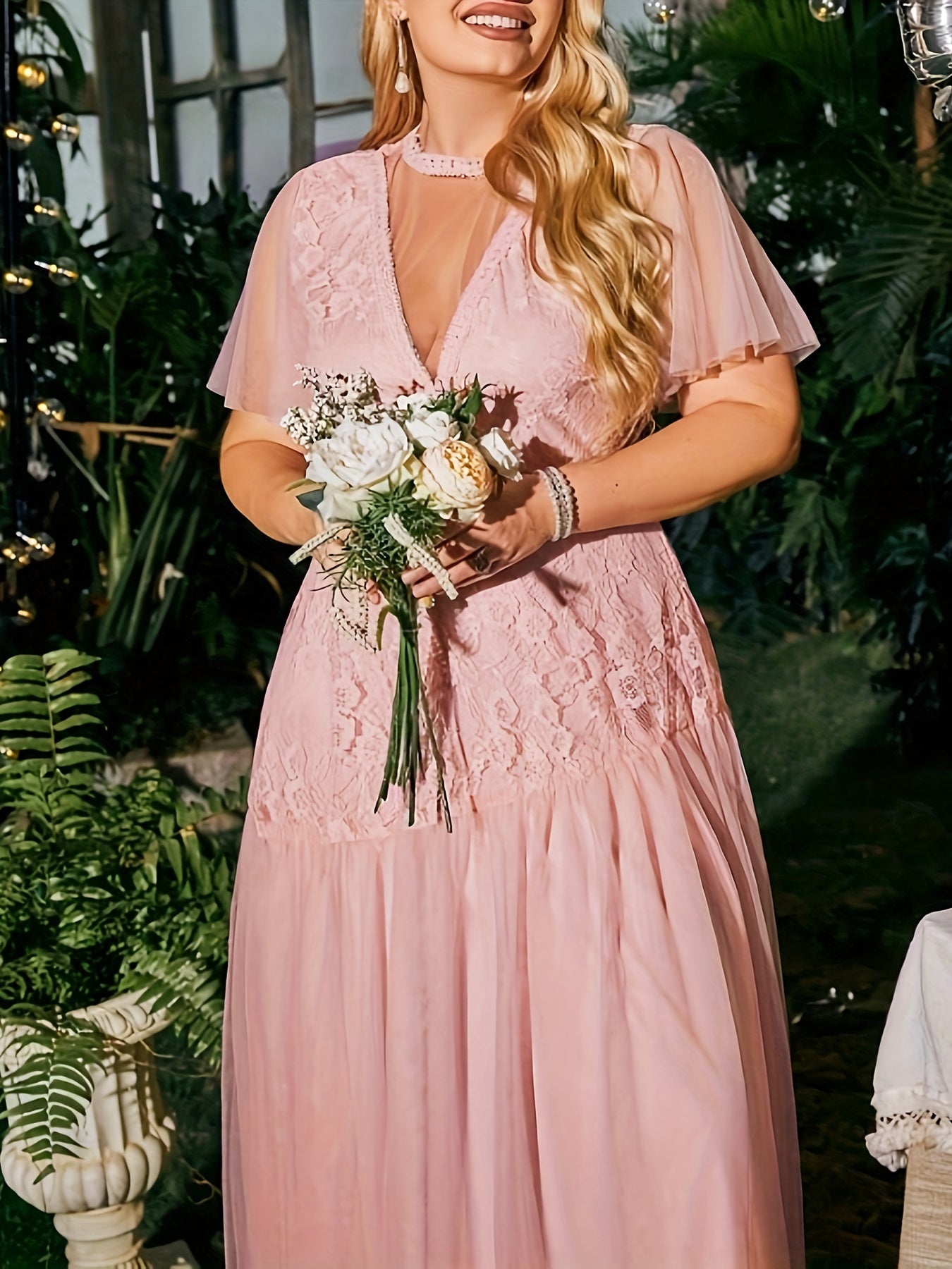  Lace Flutter Sleeve Maxi Bridesmaid Dress